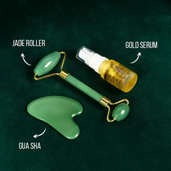 Jade Roller + 24k Gold Serum + Gua Shua : Pack of 3